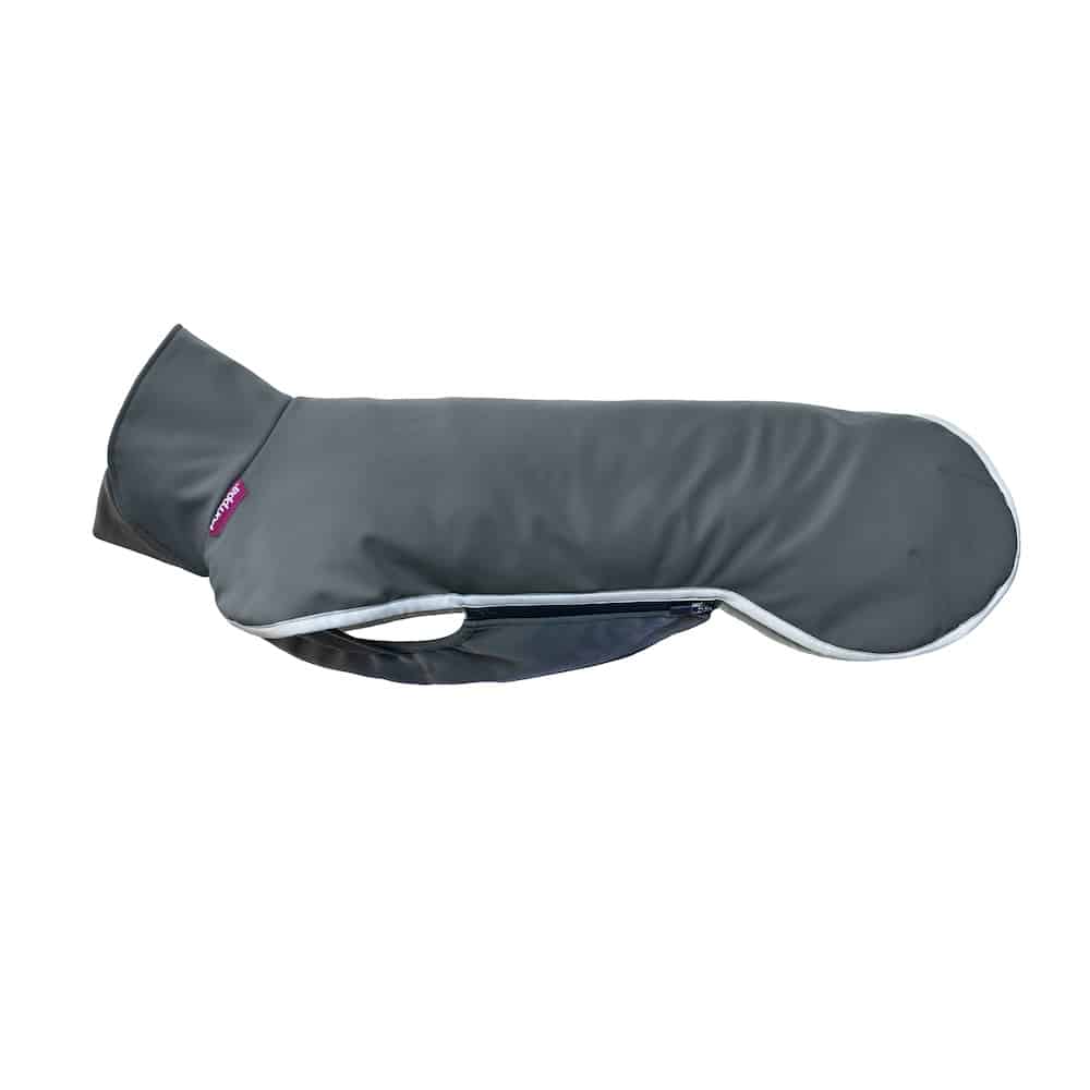 SporttiPomppa Graphite is a waterproof and warm softshell dog coat for three season use.